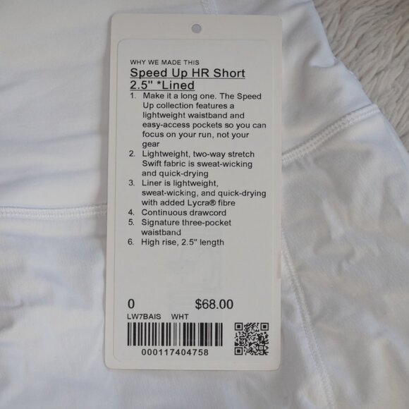 Women's Size 0 Lululemon Speed Up High-Rise Lined Short 2.5" Inseam, White - Picture 5 of 6